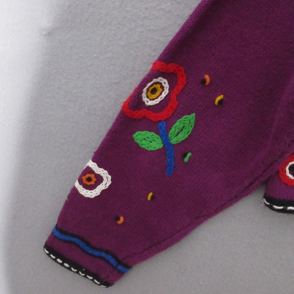 Vintage Rafia Sweater Cardigan Large Floral Embroidered Colorful Statement Boho - Picture 8 of 14
